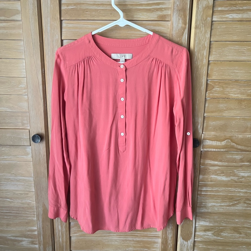LOFT Coral Henley Button-Front Long Sleeve Tunic